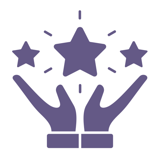 An icon of outstretched hands holding three stars, the center star is larger than the outer two, and shines brightly.