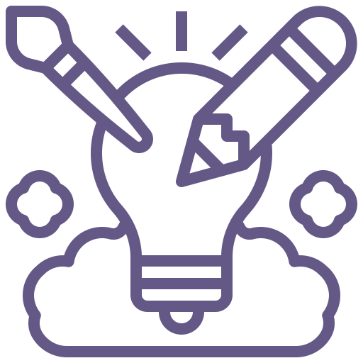 An icon of a lightbulb with a pencil, paintbrush, and a cloud to represent creativity